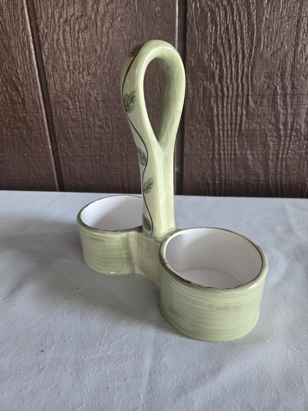 Double Ceramic Condiment Or Dip Server with Painted Vine Handle